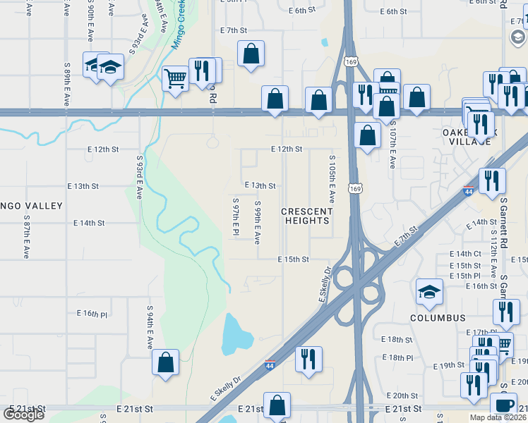 map of restaurants, bars, coffee shops, grocery stores, and more near 1358 South 101st East Avenue in Tulsa