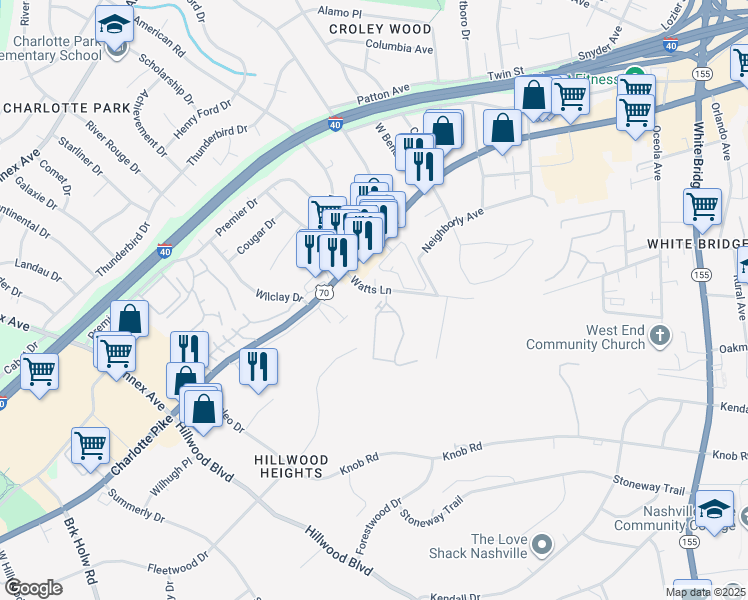 map of restaurants, bars, coffee shops, grocery stores, and more near 845 Watts Lane in Nashville