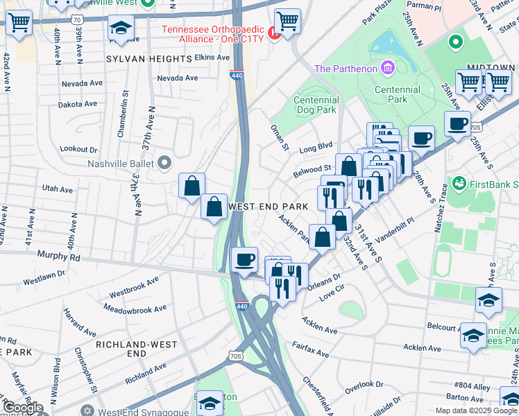 map of restaurants, bars, coffee shops, grocery stores, and more near 201 Acklen Park Drive in Nashville