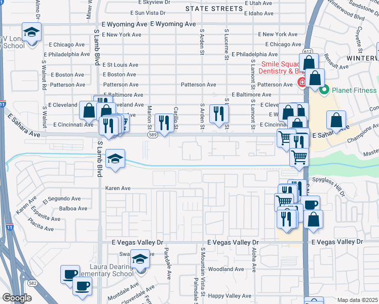 map of restaurants, bars, coffee shops, grocery stores, and more near 4555 East Sahara Avenue in Las Vegas