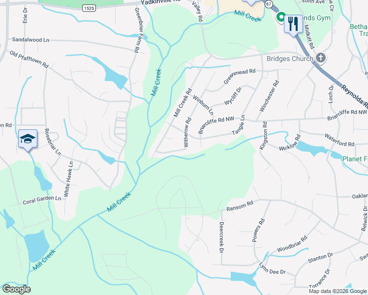 map of restaurants, bars, coffee shops, grocery stores, and more near 4330 Witherow Road in Winston-Salem