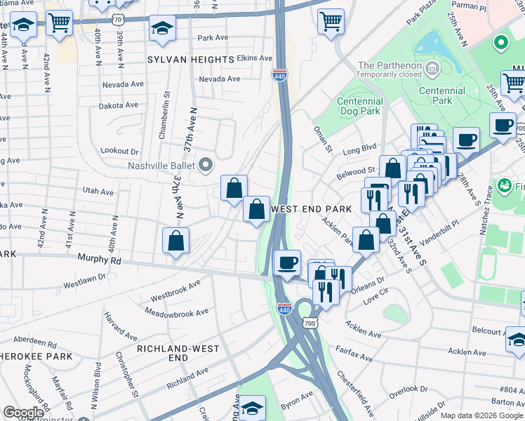 map of restaurants, bars, coffee shops, grocery stores, and more near 3505C Wrenwood Drive in Nashville