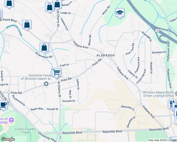 map of restaurants, bars, coffee shops, grocery stores, and more near 4115 Reich Street in Winston-Salem