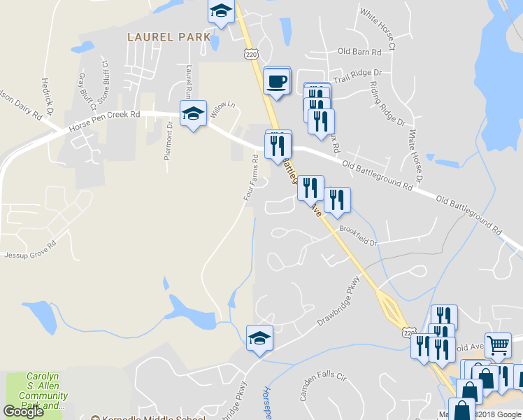map of restaurants, bars, coffee shops, grocery stores, and more near 3802 Wayfarer Drive in Greensboro