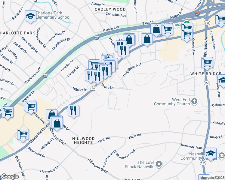 map of restaurants, bars, coffee shops, grocery stores, and more near 913 Watts Circle in Nashville