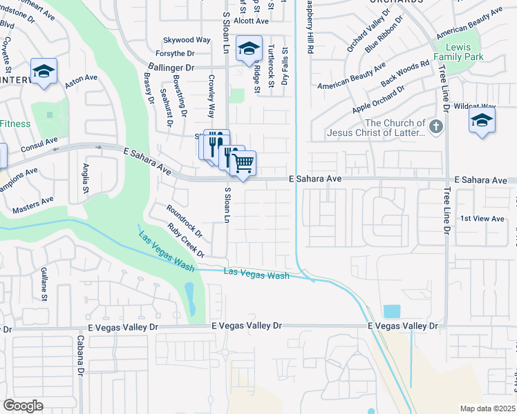 map of restaurants, bars, coffee shops, grocery stores, and more near 5881 East Rainbow Bridge Drive in Las Vegas