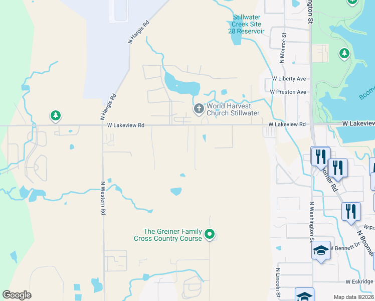 map of restaurants, bars, coffee shops, grocery stores, and more near 1723 West Lakeview Road in Stillwater