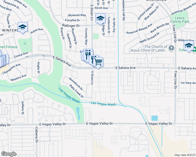 map of restaurants, bars, coffee shops, grocery stores, and more near 5841 East Windy Point Trail in Las Vegas