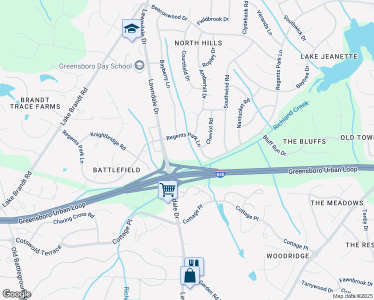 map of restaurants, bars, coffee shops, grocery stores, and more near 5008 Lawndale Drive in Greensboro
