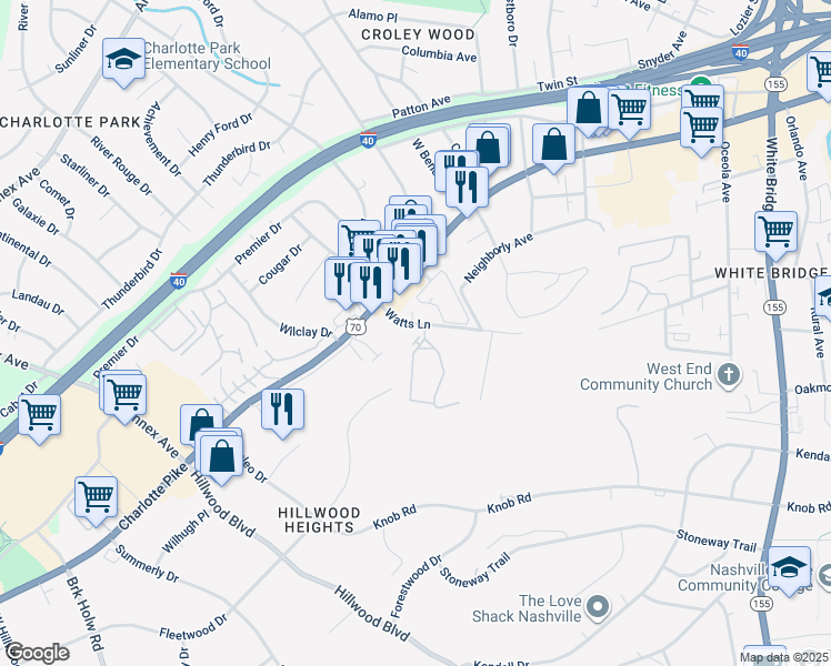 map of restaurants, bars, coffee shops, grocery stores, and more near 913 Watts Circle in Nashville
