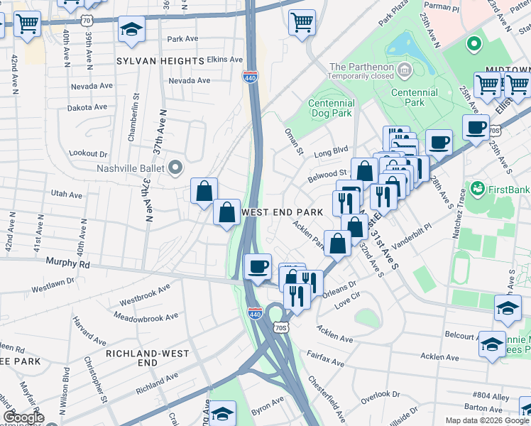 map of restaurants, bars, coffee shops, grocery stores, and more near 201 Acklen Park Drive in Nashville