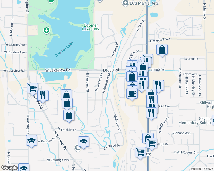 map of restaurants, bars, coffee shops, grocery stores, and more near 2111 North Glenwood Drive in Stillwater