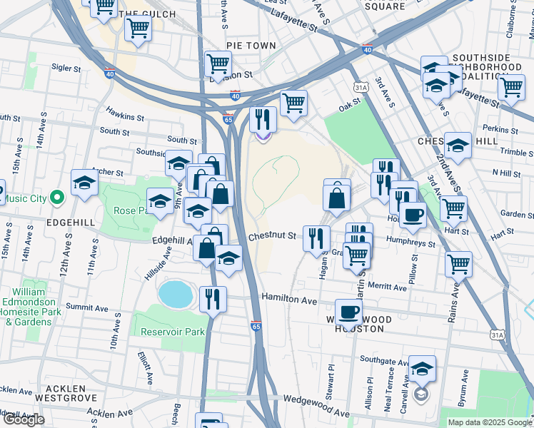 map of restaurants, bars, coffee shops, grocery stores, and more near 1100 Fort Negley Boulevard in Nashville