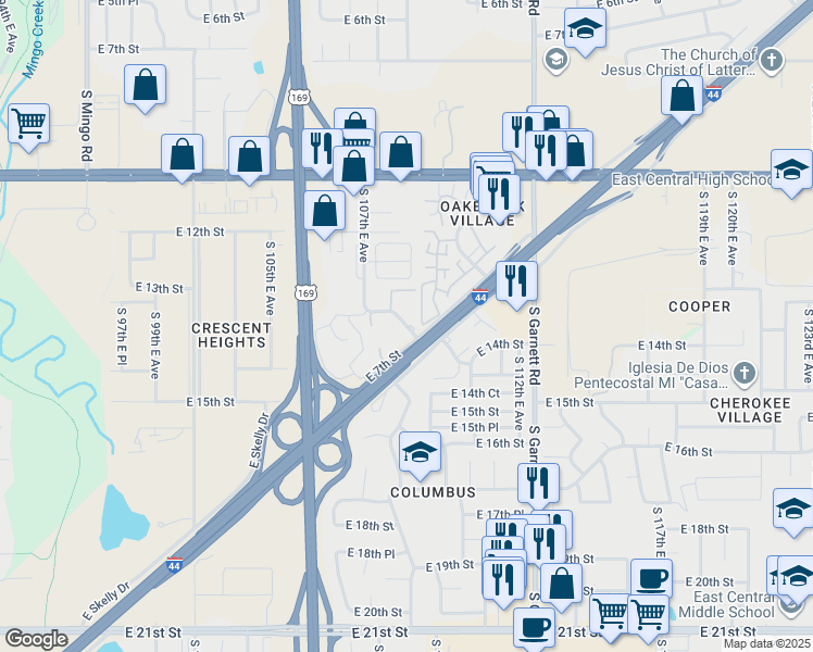 map of restaurants, bars, coffee shops, grocery stores, and more near 1418 South 107th East Avenue in Tulsa