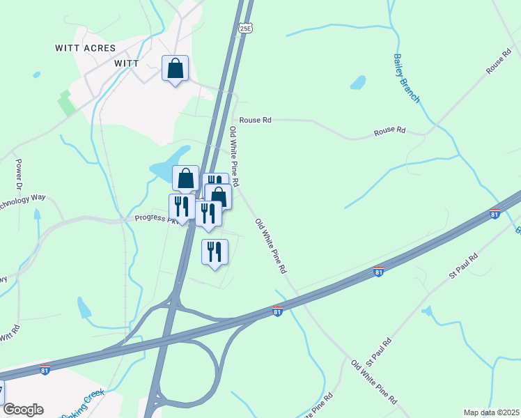 map of restaurants, bars, coffee shops, grocery stores, and more near 5217 Old White Pine Road in Morristown