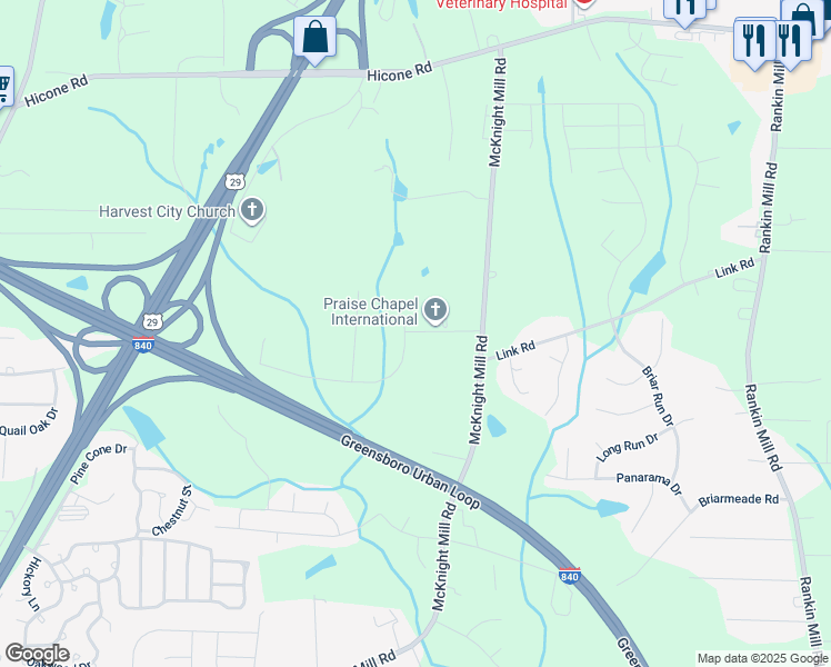 map of restaurants, bars, coffee shops, grocery stores, and more near 3007 Whiterock Road in Greensboro