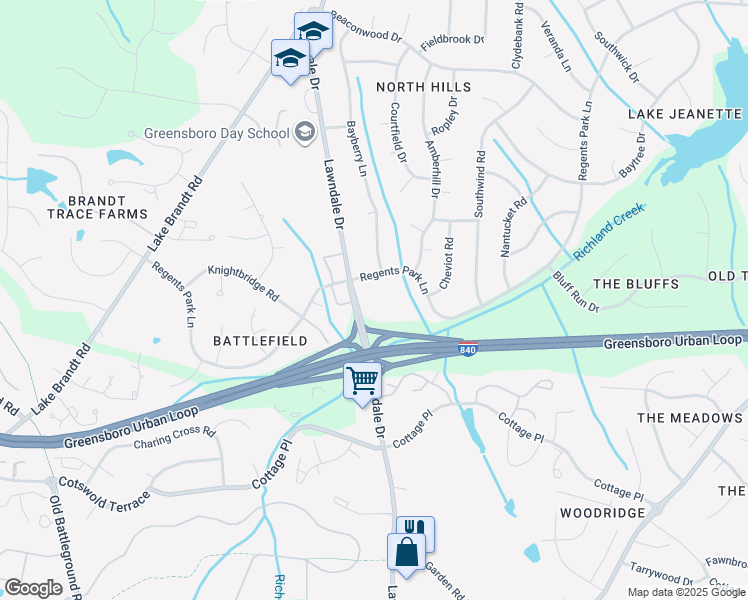 map of restaurants, bars, coffee shops, grocery stores, and more near 5002 Lawndale Drive in Greensboro