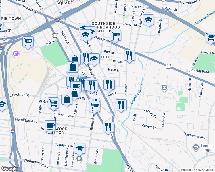 map of restaurants, bars, coffee shops, grocery stores, and more near 1263 1st Avenue South in Nashville