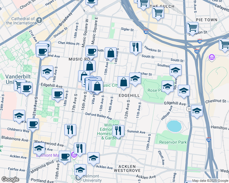 map of restaurants, bars, coffee shops, grocery stores, and more near 1221 13th Court in Nashville