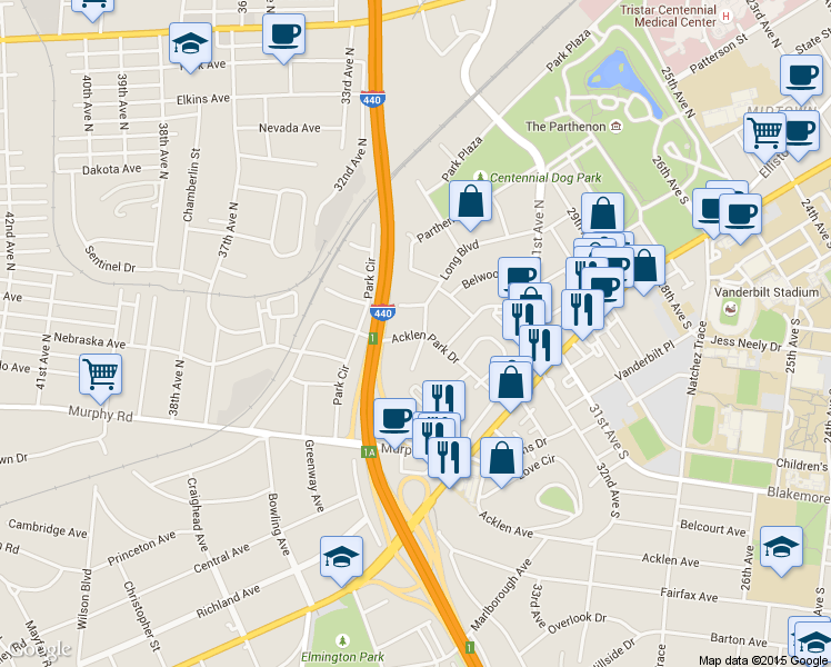 map of restaurants, bars, coffee shops, grocery stores, and more near 201 Acklen Park Drive in Nashville