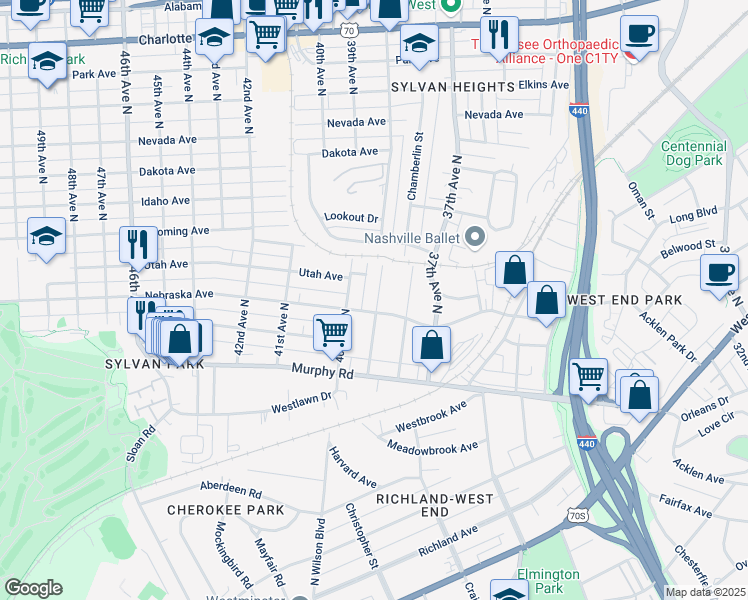 map of restaurants, bars, coffee shops, grocery stores, and more near 123 39th Avenue North in Nashville