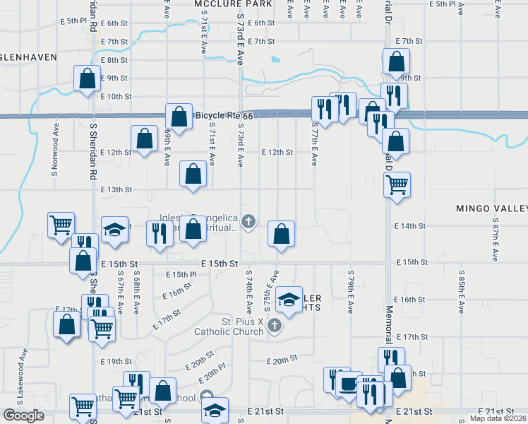 map of restaurants, bars, coffee shops, grocery stores, and more near 1402 South 75th East Avenue in Tulsa