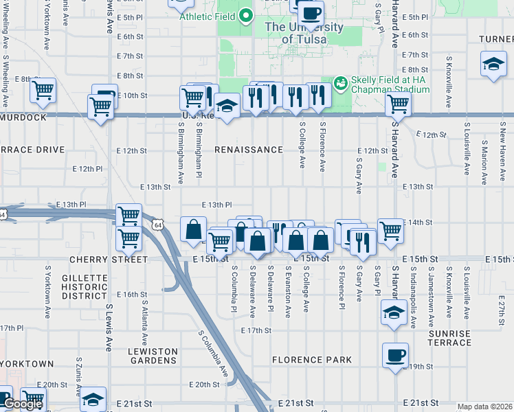 map of restaurants, bars, coffee shops, grocery stores, and more near 1347 South Delaware Avenue in Tulsa