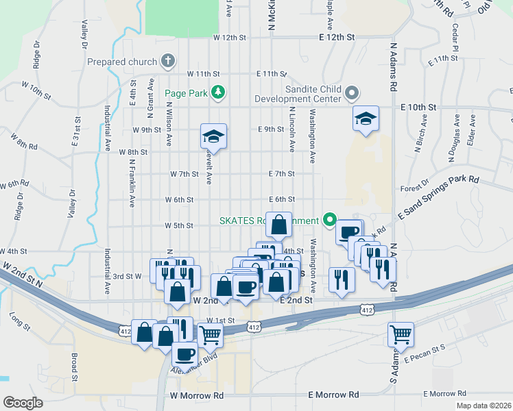 map of restaurants, bars, coffee shops, grocery stores, and more near 500 North McKinley Avenue in Sand Springs