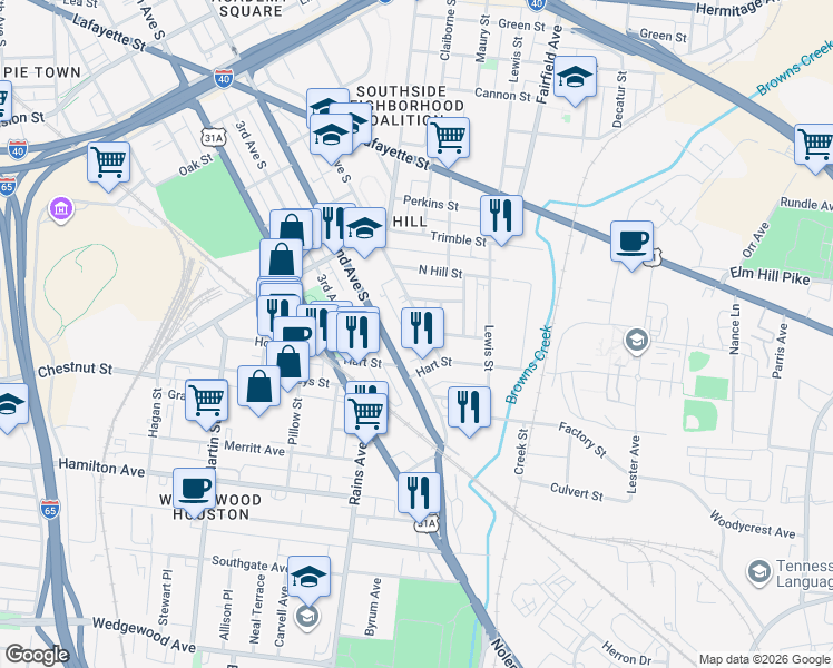 map of restaurants, bars, coffee shops, grocery stores, and more near 1263 1st Avenue South in Nashville
