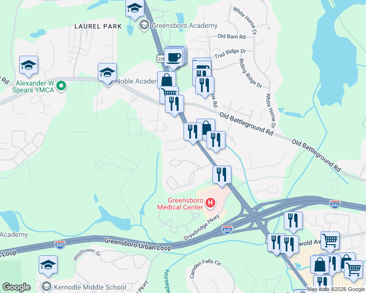 map of restaurants, bars, coffee shops, grocery stores, and more near 3901 Battleground Avenue in Greensboro