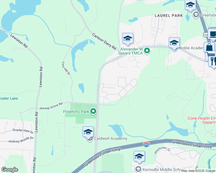 map of restaurants, bars, coffee shops, grocery stores, and more near 3012 Dressage Drive in Greensboro