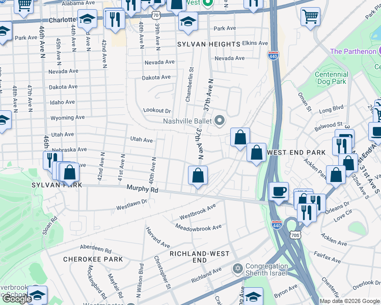 map of restaurants, bars, coffee shops, grocery stores, and more near 127 37th Avenue North in Nashville