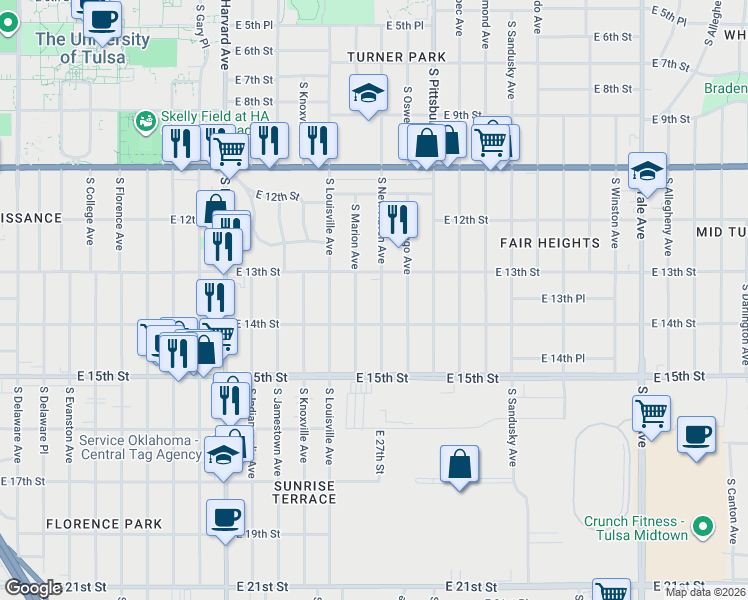 map of restaurants, bars, coffee shops, grocery stores, and more near 1348 South New Haven Avenue in Tulsa