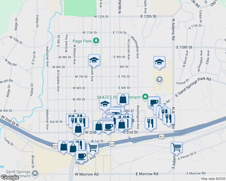 map of restaurants, bars, coffee shops, grocery stores, and more near 500 North McKinley Avenue in Sand Springs