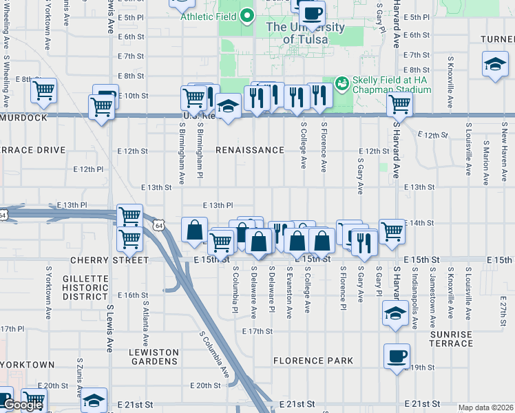 map of restaurants, bars, coffee shops, grocery stores, and more near 1347 South Delaware Avenue in Tulsa