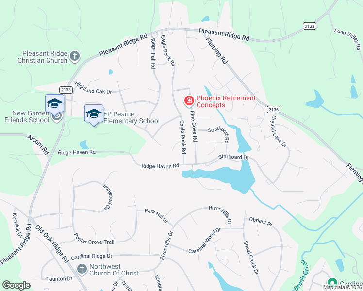 map of restaurants, bars, coffee shops, grocery stores, and more near 4405 Eagle Rock Road in Greensboro