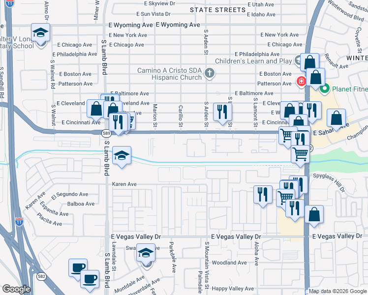 map of restaurants, bars, coffee shops, grocery stores, and more near 4555 East Sahara Avenue in Las Vegas