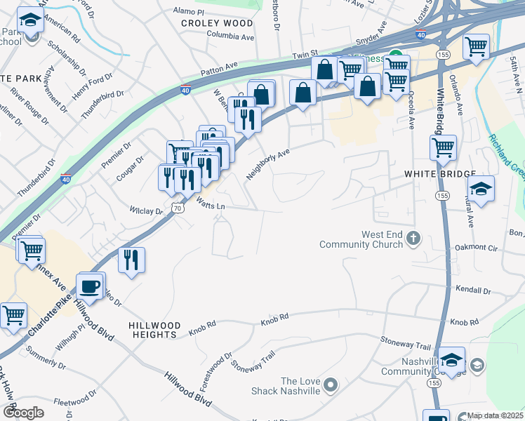 map of restaurants, bars, coffee shops, grocery stores, and more near 1210 Watts Terrace in Nashville