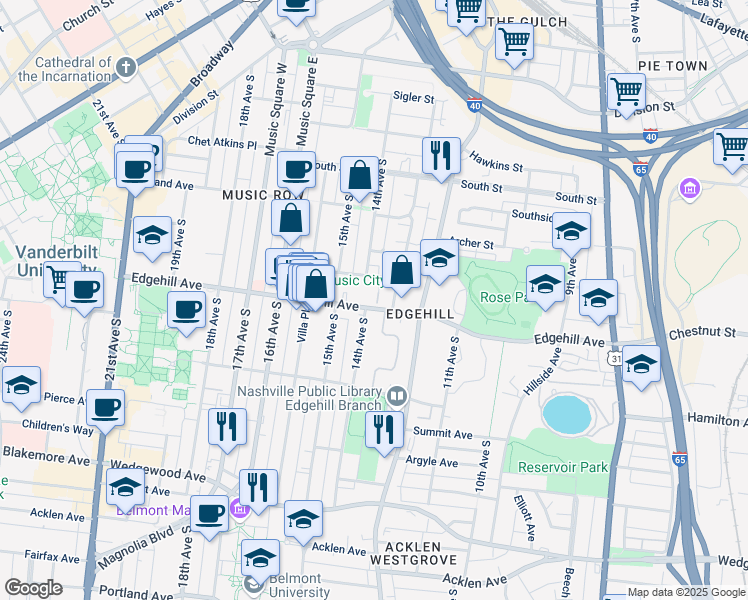 map of restaurants, bars, coffee shops, grocery stores, and more near 1221 13th Court in Nashville