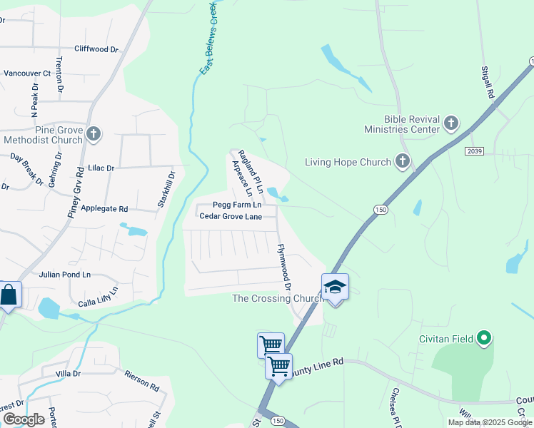 map of restaurants, bars, coffee shops, grocery stores, and more near 105 Cedar Grove Lane in Kernersville