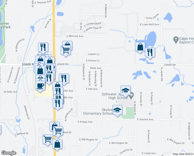 map of restaurants, bars, coffee shops, grocery stores, and more near 2113 North Manning Street in Stillwater