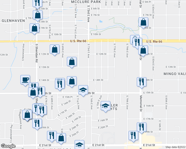 map of restaurants, bars, coffee shops, grocery stores, and more near 1328 South 74th East Avenue in Tulsa