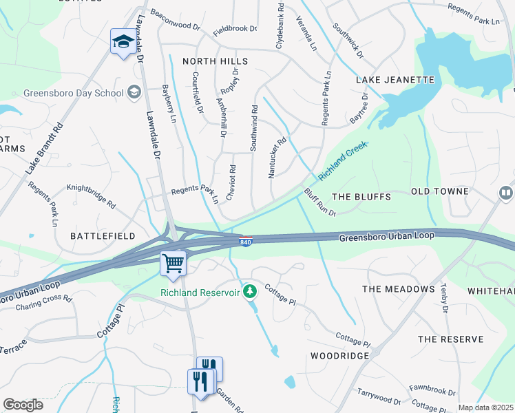 map of restaurants, bars, coffee shops, grocery stores, and more near 2606 Regents Park Lane in Greensboro