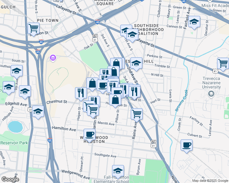 map of restaurants, bars, coffee shops, grocery stores, and more near 415 Chestnut St in Nashville