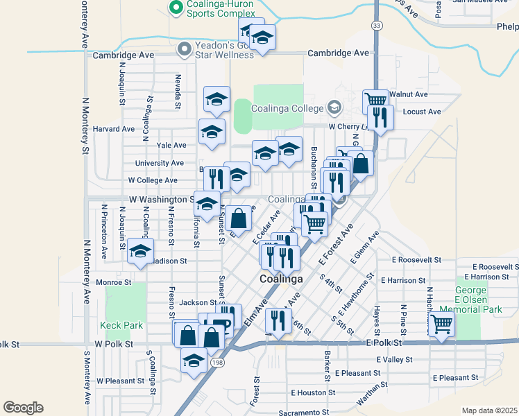 map of restaurants, bars, coffee shops, grocery stores, and more near 284 East Birch Avenue in Coalinga