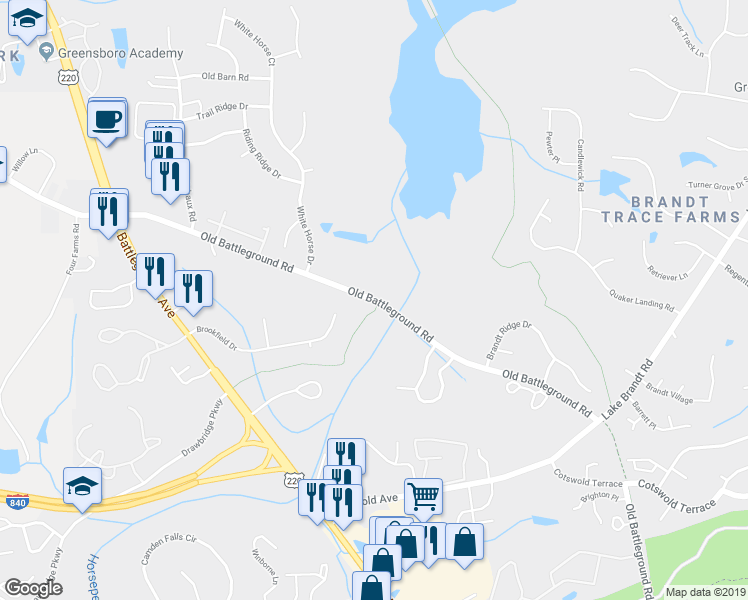 map of restaurants, bars, coffee shops, grocery stores, and more near 4485 Old Battleground Road in Greensboro