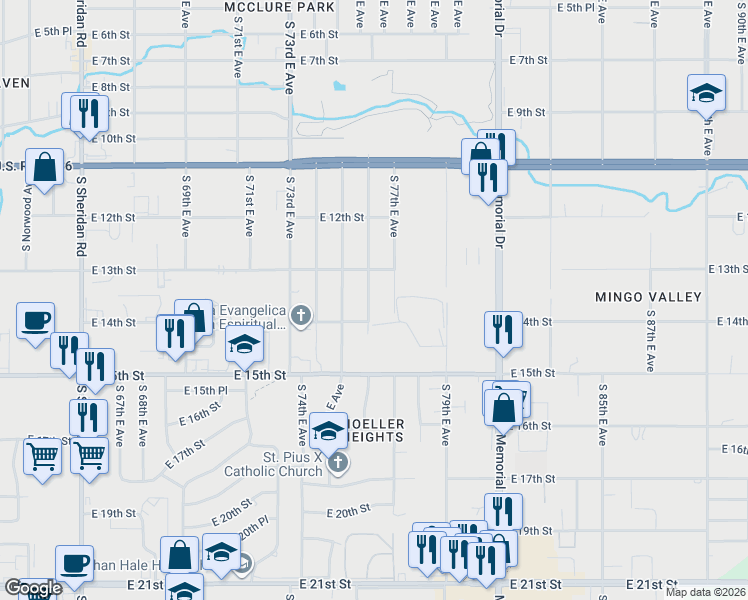 map of restaurants, bars, coffee shops, grocery stores, and more near 1307 South 76th East Avenue in Tulsa