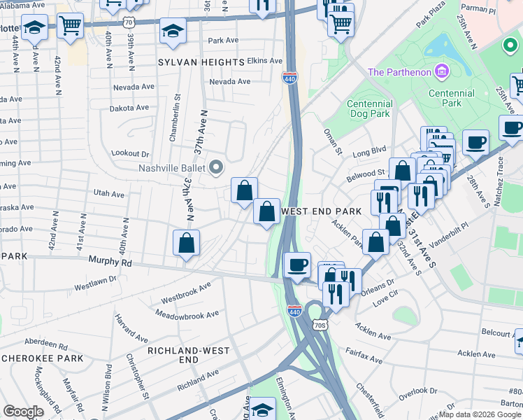 map of restaurants, bars, coffee shops, grocery stores, and more near 411 Acklen Park Drive in Nashville