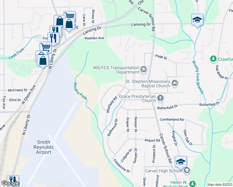 map of restaurants, bars, coffee shops, grocery stores, and more near 3930 Whitfield Road in Winston-Salem