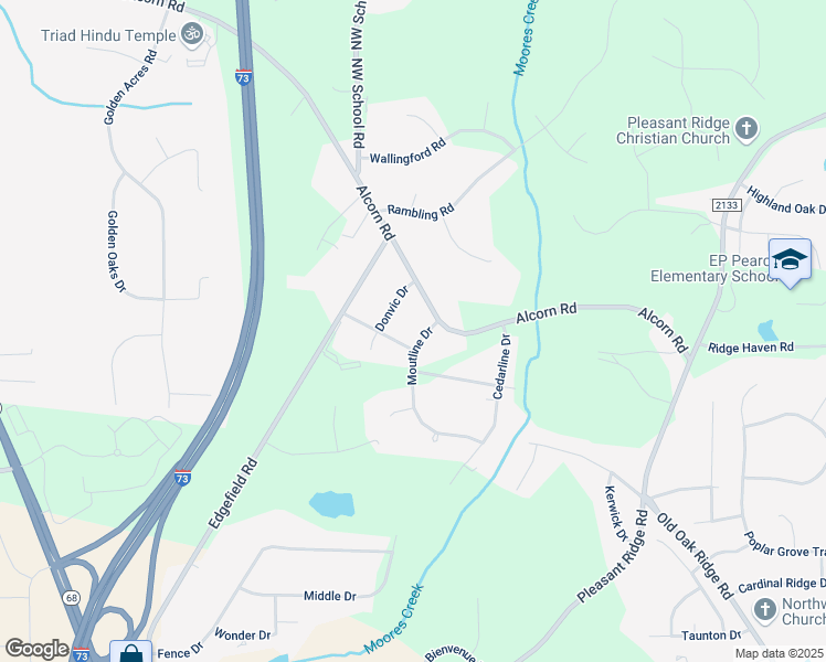 map of restaurants, bars, coffee shops, grocery stores, and more near 4809 Moutline Drive in Greensboro